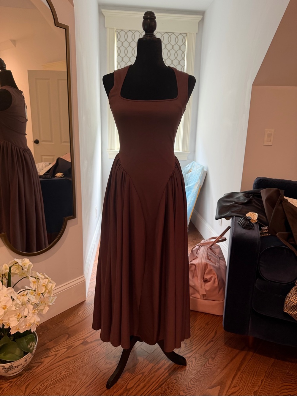 Meshki Chocolate Brown Square-Neck Maxi Dress